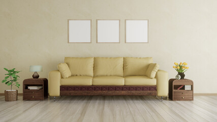 Square poster mockup with Three  frames on empty light yellow wall in living room interior, Yellow sofa - 3D Rendering