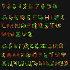 Latin and Cyrillic alphabet in the ornamental traditional Russian style of Khokhloma. Vector illustration
