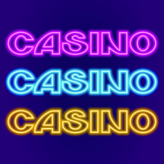 the word casino in three neon colors. Vector illustration