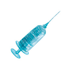 Medical blue syringe, isolated on a white background. The injection. The illustration is drawn in watercolor by hand.