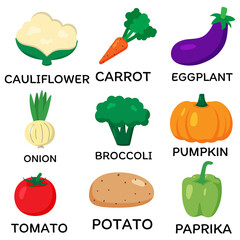 Set of vector vegetables. Cartoon flat style. Cauliflower, carrot, eggplant, onion, broccoli, pumpkin, tomato, potato, paprika. Print for recipes, restaurant, supermarket, market place. Vegan food