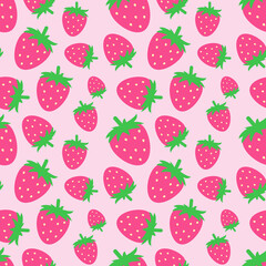 Seamless pattern with funny cartoon strawberries. Positive summer background in pink tones. Print for textile, gift wrap, clothes, interior, design and decor. Trendy summer pattern