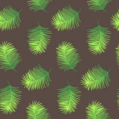 Vector seamless pattern with green leaves. Exotic palm tree, green color with gradient. Background for clothes, web and design. Ecology theme. Summer illustration. Print for greeting cards, gift wrap