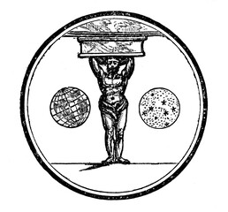 Atlas god symbol greek mythology Illustration Victorian era. Illustration published in 1834 now out of copyright, public domain - obrazy, fototapety, plakaty