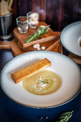 Crab cream corn soup with toasts