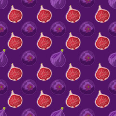 Fig, juicy and delicious fruits. Bright, colorful seamless pattern. For the design of fabric, paper, packaging, wallpaper, etc.  Vector, isolated.