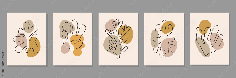 Poster abstract set of minimal posters with organic geometric and line shapes on beige background. contempo
