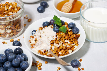 homemade coconut granola with blueberries and yogurt for breakfast, top view