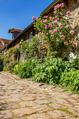 Fototapeta na wymiar Gerberoy, Façade de maison couverte de roses dans une rue piétonne du village. Picardie. Hauts-de-France 