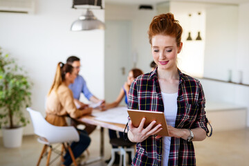 Successful business people on meeting while working together with colleagues in office