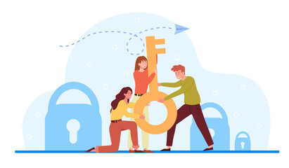 Key to success. A man and women are holding a huge golden key in their hands. A metaphor for achieving success through teamwork. Cartoon is a flat vector illustration isolated on a white background
