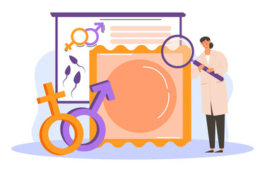 Sex education concept. The doctor tells about diseases that are transmitted sexually. Mandatory contraception to prevent infection. Cartoon is a flat vector illustration isolated on a white background