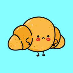 Cute sad croissant character. Vector hand drawn cartoon kawaii character illustration icon. Isolated on yellow background. Сroissant character concept