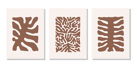  Modern set posters with abstract brown organic shapes. Contemporary minimal wall art decor. Matisse vector prints
