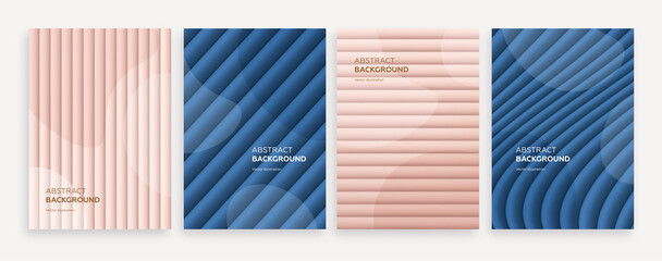 Set of abstract beige and blue background with stripes. Banner, card, cover or poster design template. Realistic 3d style. Vector illustration