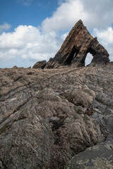 Beautiful landscape image of Blackchurch Rock on Devonian geological formation on beautiful Spring day