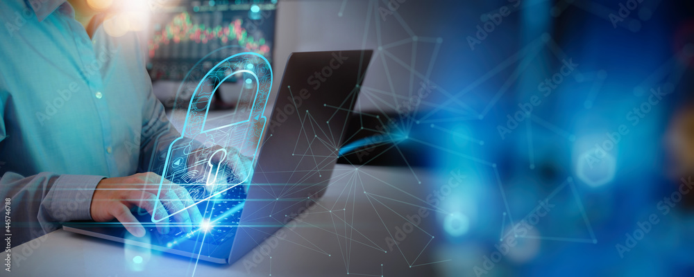 Poster Cyber security and data protection. Businessman using laptop computer protecting business and financial data with virtual network connection. Innovation technology develop.