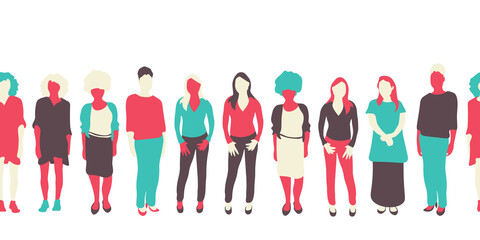 Beautiful trendy women flat illustration. Togetherness, team, social concept. Diverse stylish women isolated on transparent background.