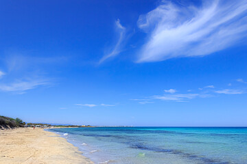 Typical sandy beach with dunes in Puglia, Italy: the Regional Natural Park Dune Costiere. In the distance you can see the town Torre Canne.