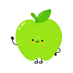 Cute funny green apple character. Vector hand drawn cartoon kawaii character illustration icon. Isolated on white background. Green apple character concept