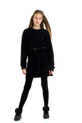 Stylish teenage girl with long hair flying on air