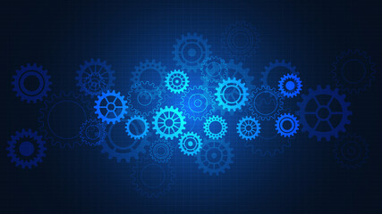 Cogs and gear wheel mechanisms. Concepts and ideas for hi-tech digital technology and engineering design. Abstract technical background of mechanical engineering