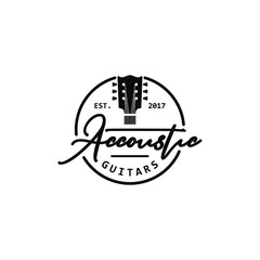 Acoustic Guitar Music Rounded Stamp Logo Design
