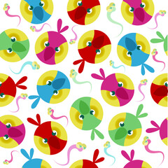 Cute Colorful Cartoon Bird Head and Worms Seamless Background Pattern