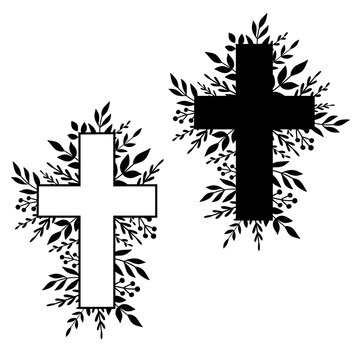 Cross with leaves. Vector illustration. Isolated on white background. Good for posters, t shirts, postcards.