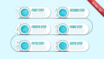 Business infographic six steps. Modern timeline infographic template with tosca or blue color theme.