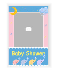 Baby Photo template, Baby Shower, birthday invitation, greeting card. Simple, colorful, baby, summer holiday, vertical photo frame template with cartoon elefants, moon and cloud.  Vector illustration