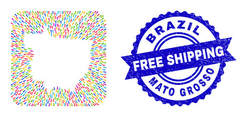 Vector collage Mato Grosso State map of leaving arrows and grunge Free Shipping seal. Collage Mato Grosso State map created as hole from rounded square using leaving arrows.