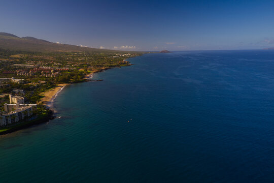 A high definition aerial view of a beach on the island of Maui in the Hawaiian islands. © phillips
