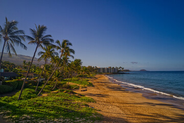 A high definition aerial view of a beach on the island of Maui in the Hawaiian islands.
