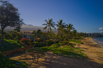 A high definition aerial view of a beach on the island of Maui in the Hawaiian islands.