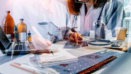 medical technology or medical network. doctor using digital tablet with screen interface.