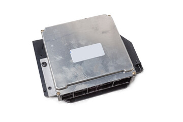 Metallic car engine control unit with plastic elements on a white isolated background is connecting center of various subsystems, units and assemblies. Monitoring the state of the moment. Spare part