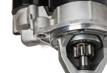 Starter of an internal combustion engine New Spare part for car on a white background. Spare parts...