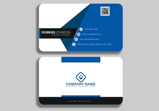 Horizontal blue and dark blue with 3d shapes business card Double-sided creative business card template. Portrait and landscape orientation. Horizontal and vertical layout. Vector illustration rounded