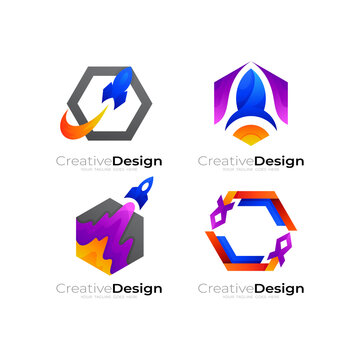 Abstract Rocket Logo And Hexagon Design Combination