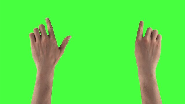 Pack of 20 gestures made by male hands to control the touch screen on a alpha channel background. The man is swiping and zooming then scrolling by fingers the content on smart display on a greenscreen