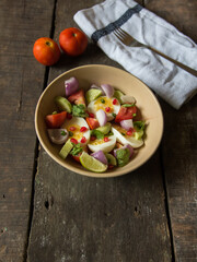 Healthy and nutritious food vegetables and egg salad. Top view.