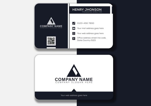 Horizontal white dark blue shapes business card Double-sided creative business card template. Portrait and landscape orientation. Horizontal and vertical layout. Vector illustration rounded