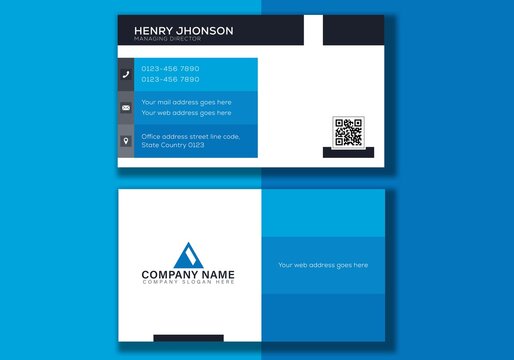 Horizontal blue and dark blue abstract business card Double-sided creative business card template. Portrait and landscape orientation. Horizontal and vertical layout. Vector illustration