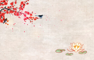 Lotus flowers under the blooming sakura branch and two little birds on vintage background.