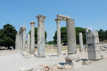 Historic ancient ruin stones pillars in ancient city of Ephesus, Selcuk, Izmir, Turkey.