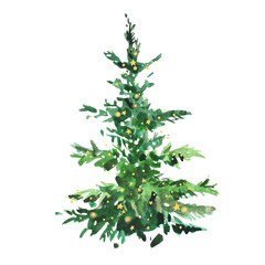 Watercolor hand drawn evergreen pine tree with sparkling garlands, lights, stars. Isolated on white botanical painting art.