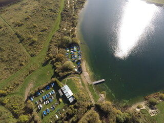 aerial view of a sailing club and blue lagoon