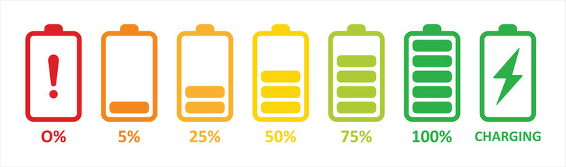 Set of battery charge level indicator in percent. Vector Illustration. © Evolvect