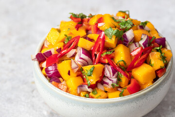 Salsa with mango, onion, hot pepper and cilantro